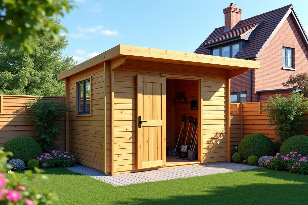Abri de jardin en bois moderne attaché à une maison en briques avec jardin fleuri
