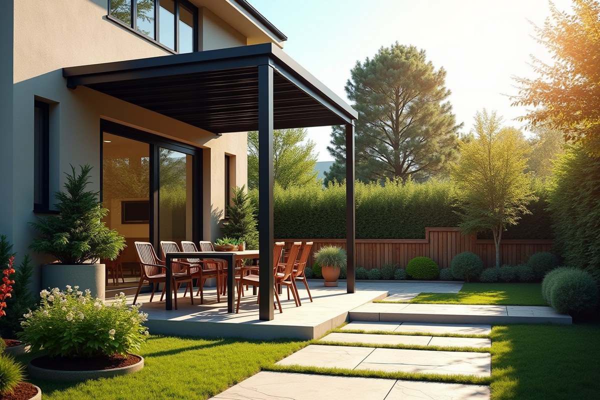Abri de jardin en métal avec mobilier de patio et plantes en pots
