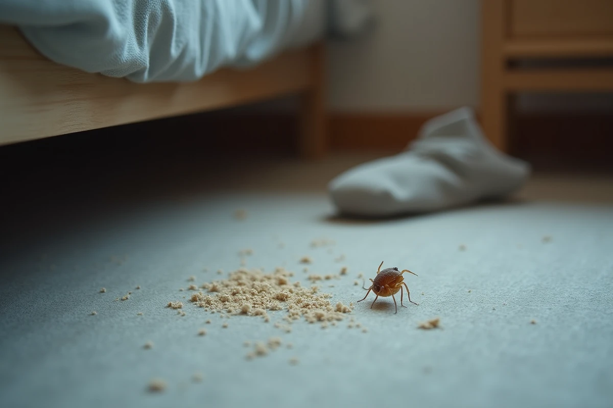 Acariens et poussière sous un lit d'enfant, coin de chambre avec tissu gris et parquet, vue rapprochée réaliste