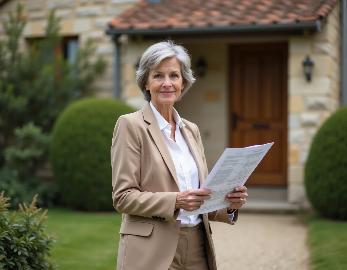 Agent immobilier consultant un rapport de diagnostic termites et capricornes devant une maison ancienne en pierre avant une revente