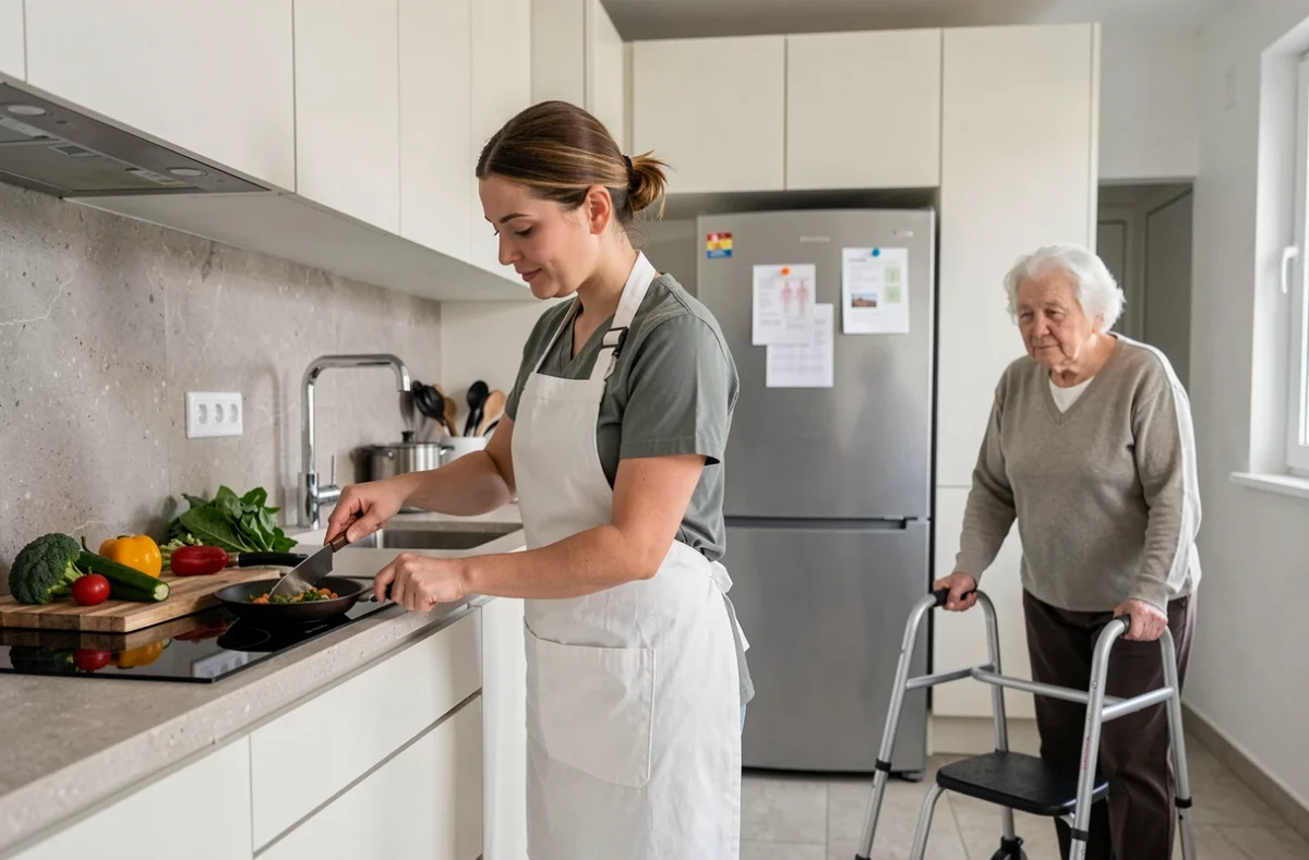 Aide à domicile préparant un repas équilibré adapté au diabète pour une personne âgée