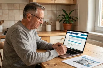Un homme d'une cinquantaine d'années remplit sa déclaration fiscale en ligne sur impots.gouv pour obtenir une aide pompe à chaleur