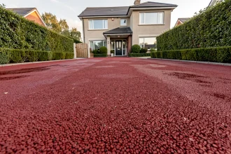 Allée de maison en enrobé rouge fraîchement posé, vue perspective grand angle vers l'entrée d'une maison moderne