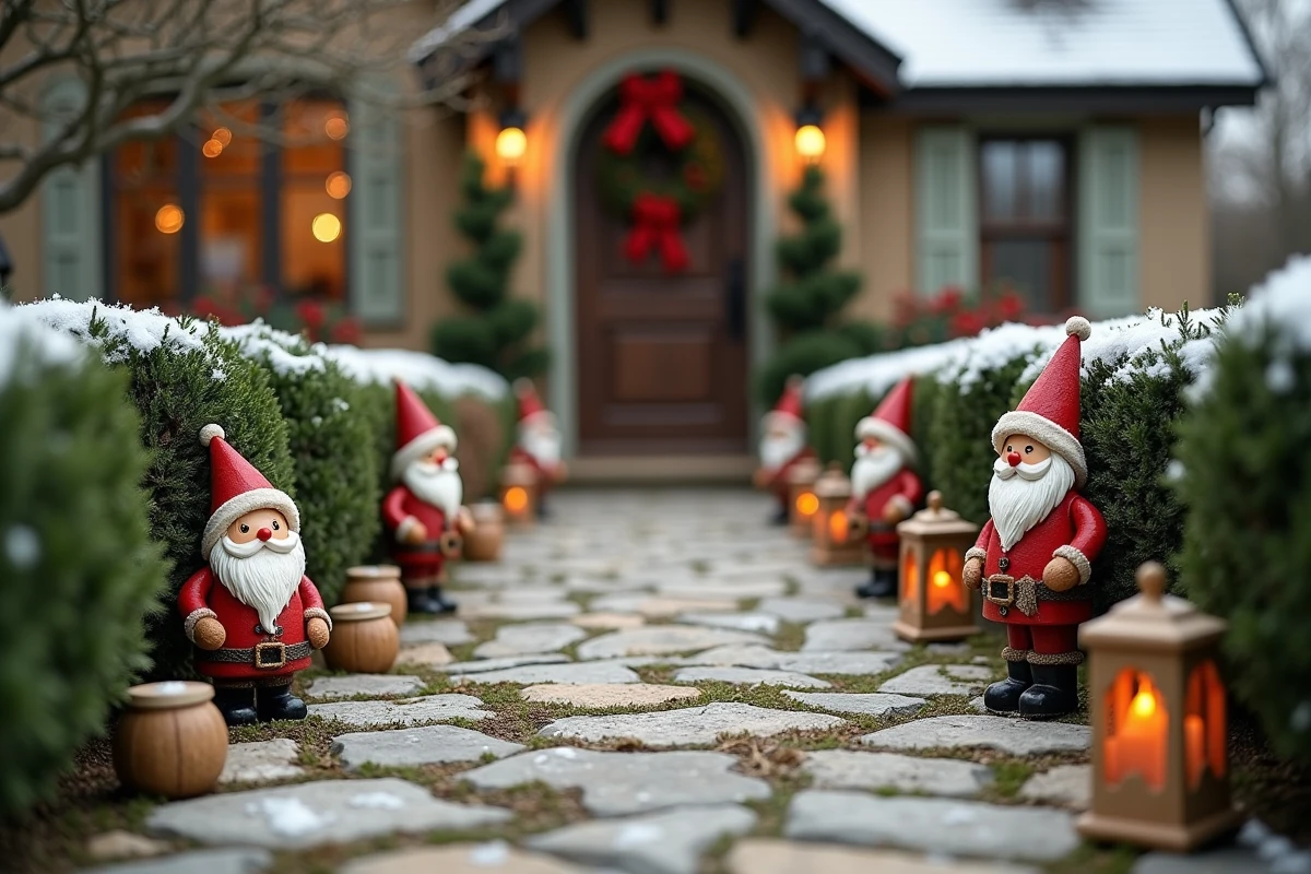 Allée de jardin décorée avec des figurines père Noël en bois et lanternes pour Noël extérieur 2026