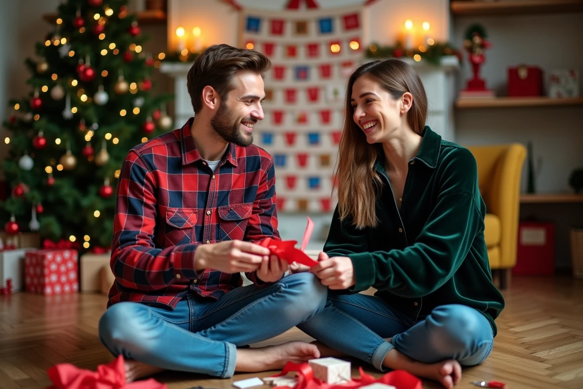 Deux amies qui préparent ensemble un calendrier de l'avent en tissu dans un appartement cosy décoré pour Noël, entourées de papiers cadeaux colorés