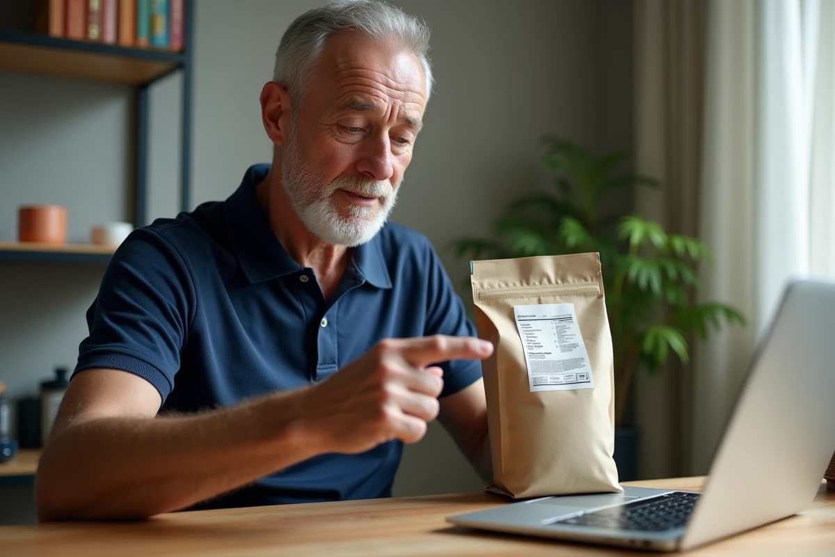 Homme analysant les ingrédients d'un sac de croquettes pour chien à son bureau à domicile avec un ordinateur portable ouvert