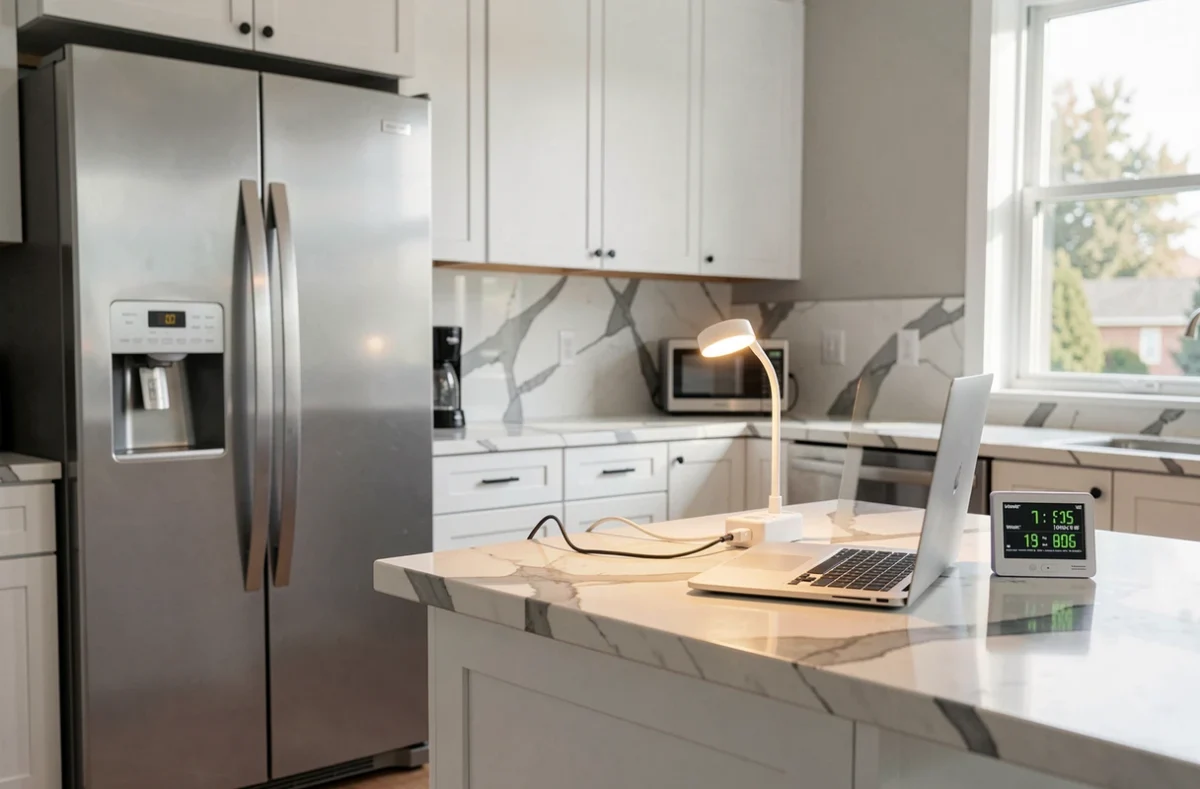 Cuisine moderne avec réfrigérateur, ordinateur portable et lampe LED alimentés par une prise multiple connectée à l'énergie solaire
