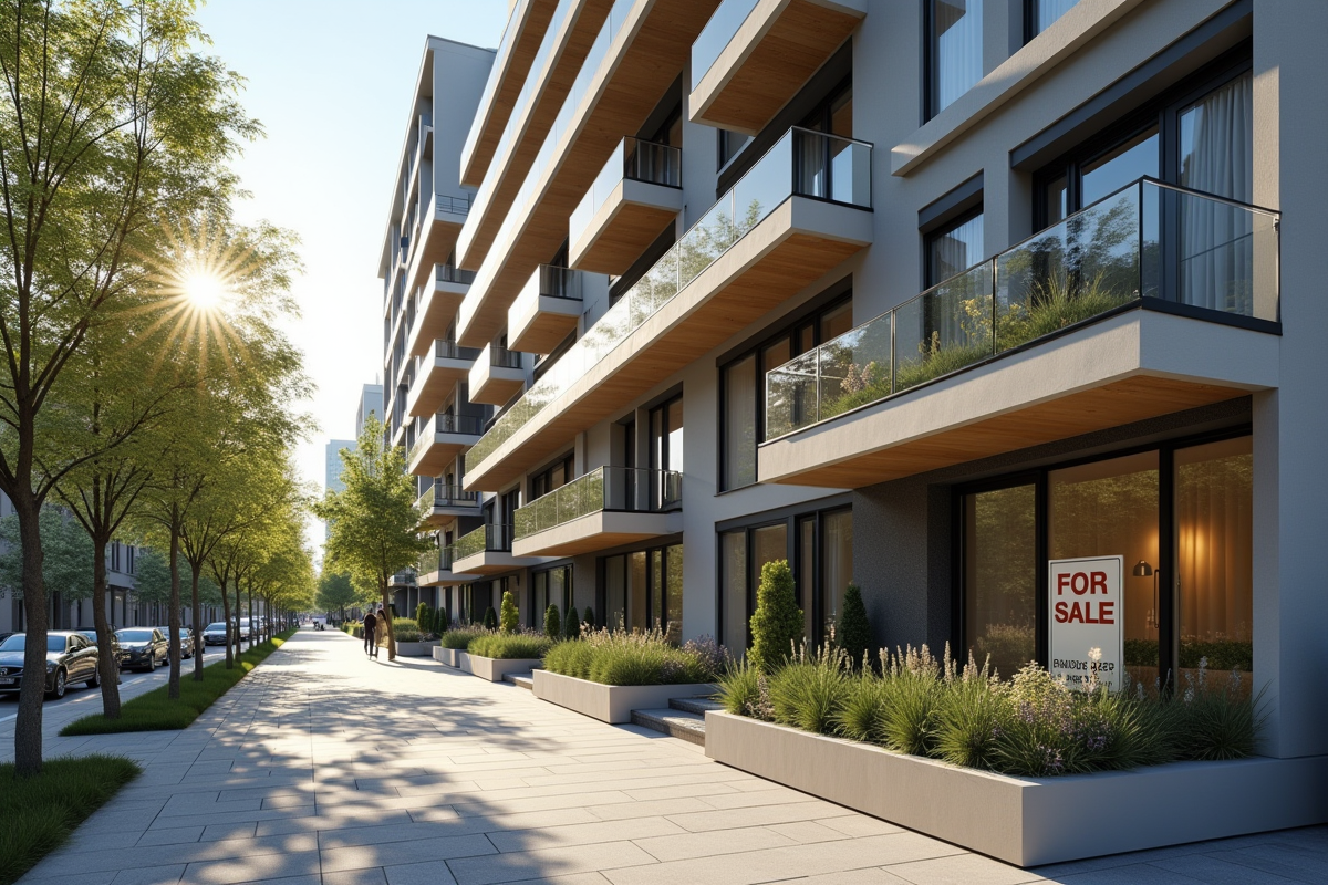 Façade d un immeuble moderne en ville avec panneau a vendre