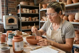 Femme appliquant de l'émail céramique sur un bol en terre cuite dans un atelier artisanal fait maison