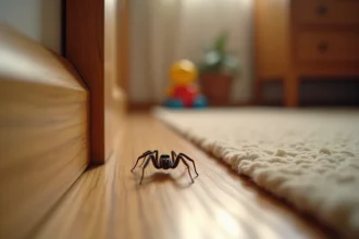 Araignée domestique en gros plan sur un parquet en bois dans une maison, avec fond intérieur flou et jouet d'enfant visible