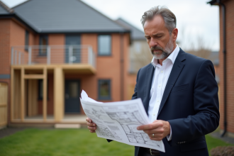 Architecte homme en blazer bleu étudie plans maison