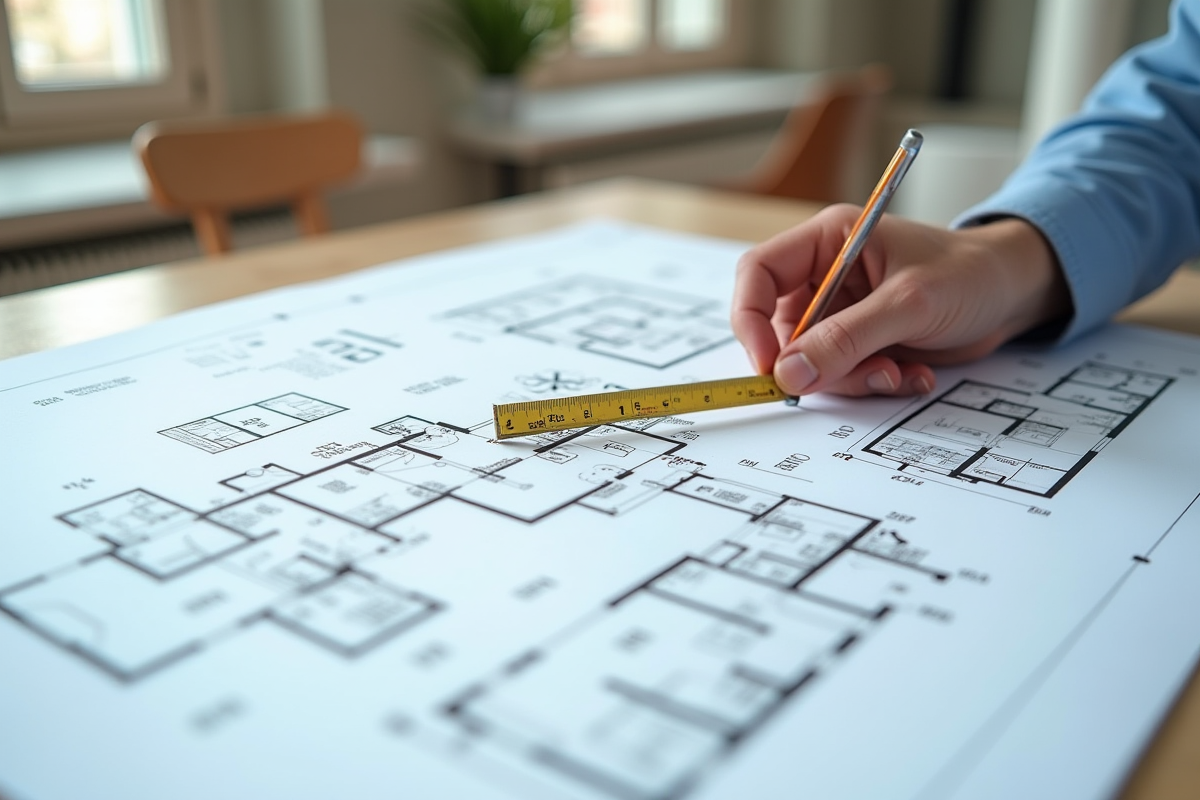 Architecte mesurant un plan avec tablette dans un espace lumineux