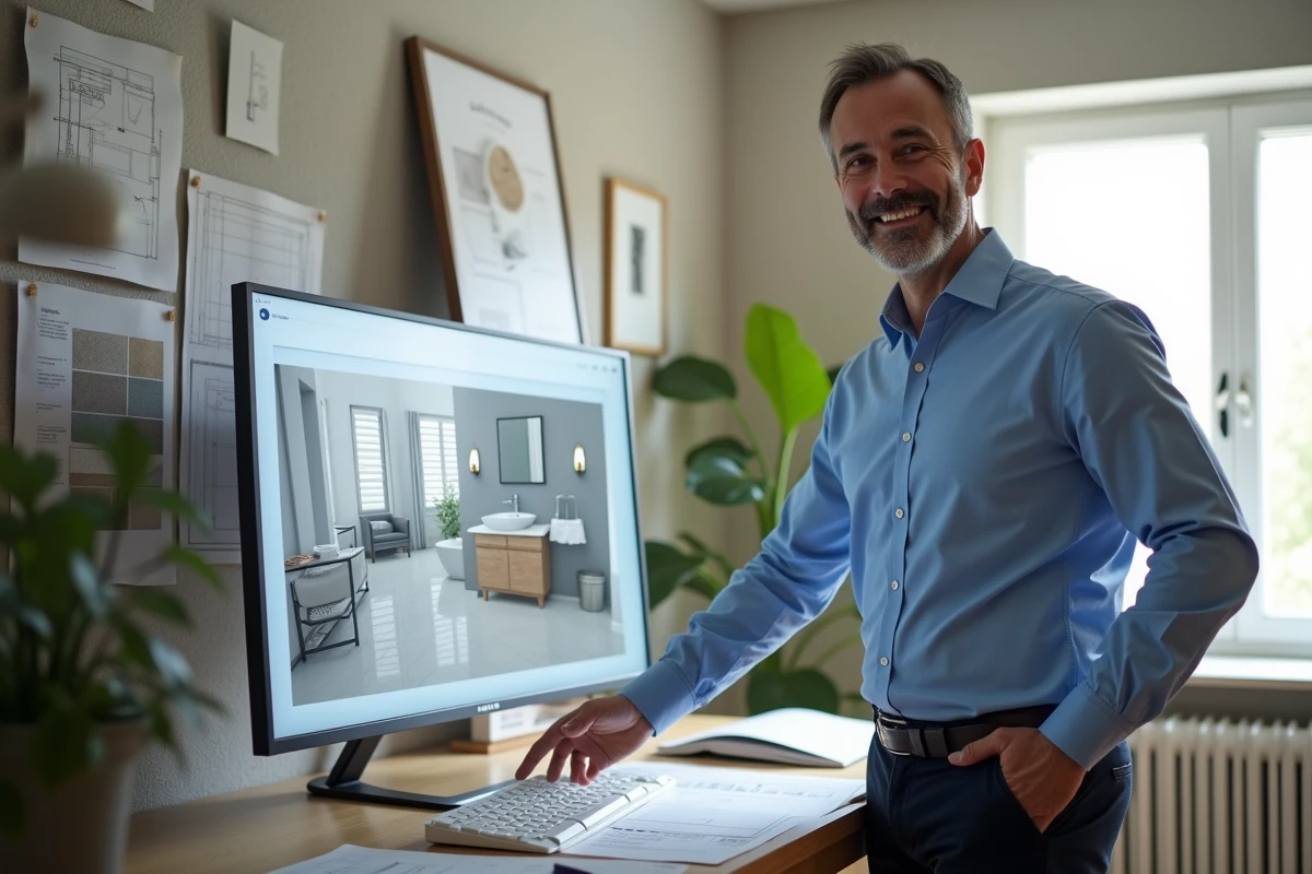 Architecte devant un moniteur 3D de salle de bain