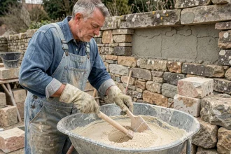 Artisan mélangeant un mortier de chaux et sable dans un bac métallique sur un chantier de restauration de mur en pierre
