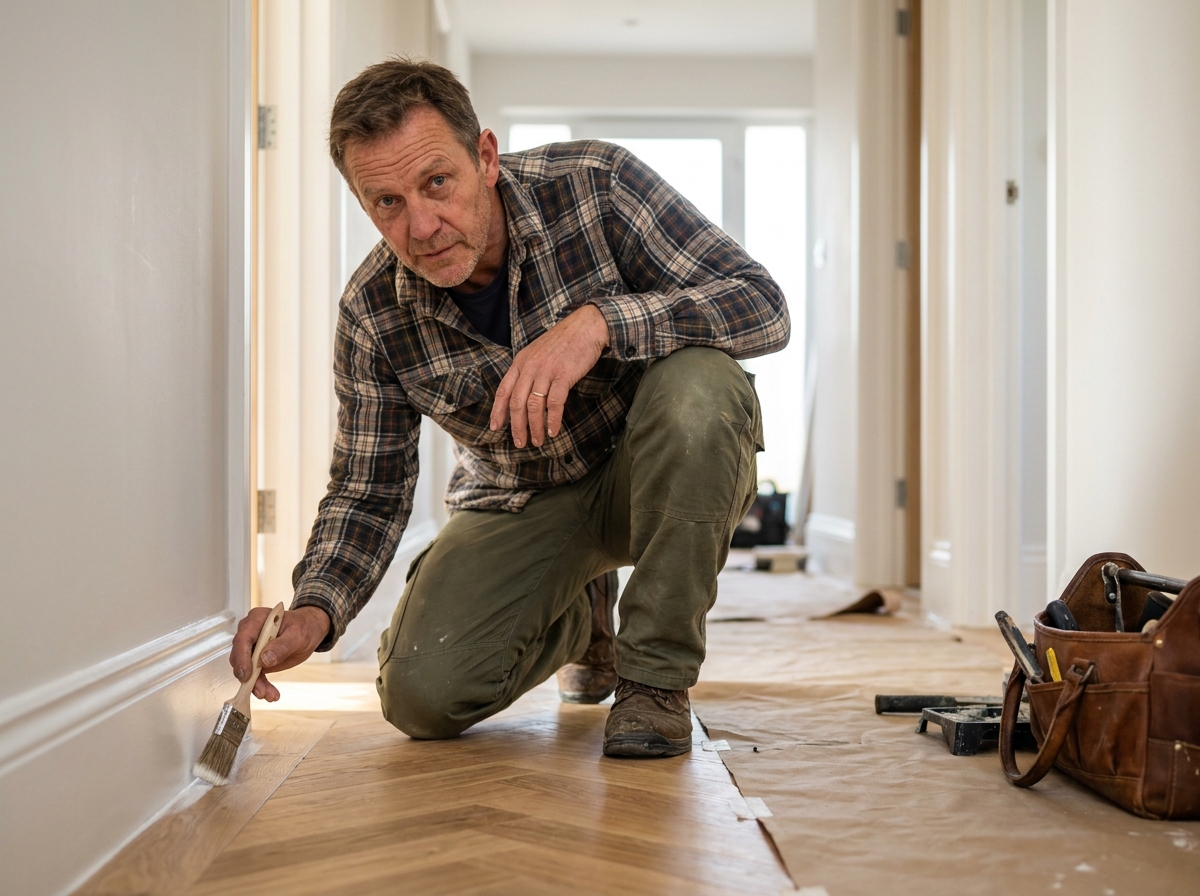 Artisan peintre vérifiant la finition d'une plinthe peinte avec soin dans un couloir de maison rénovée