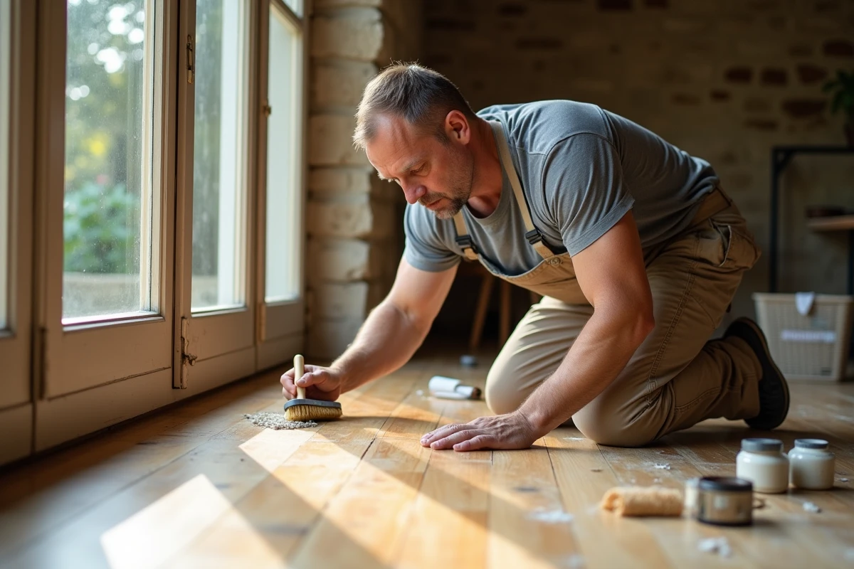 Artisan appliquant un produit éclaircissant sur un parquet noirci près d'une baie vitrée