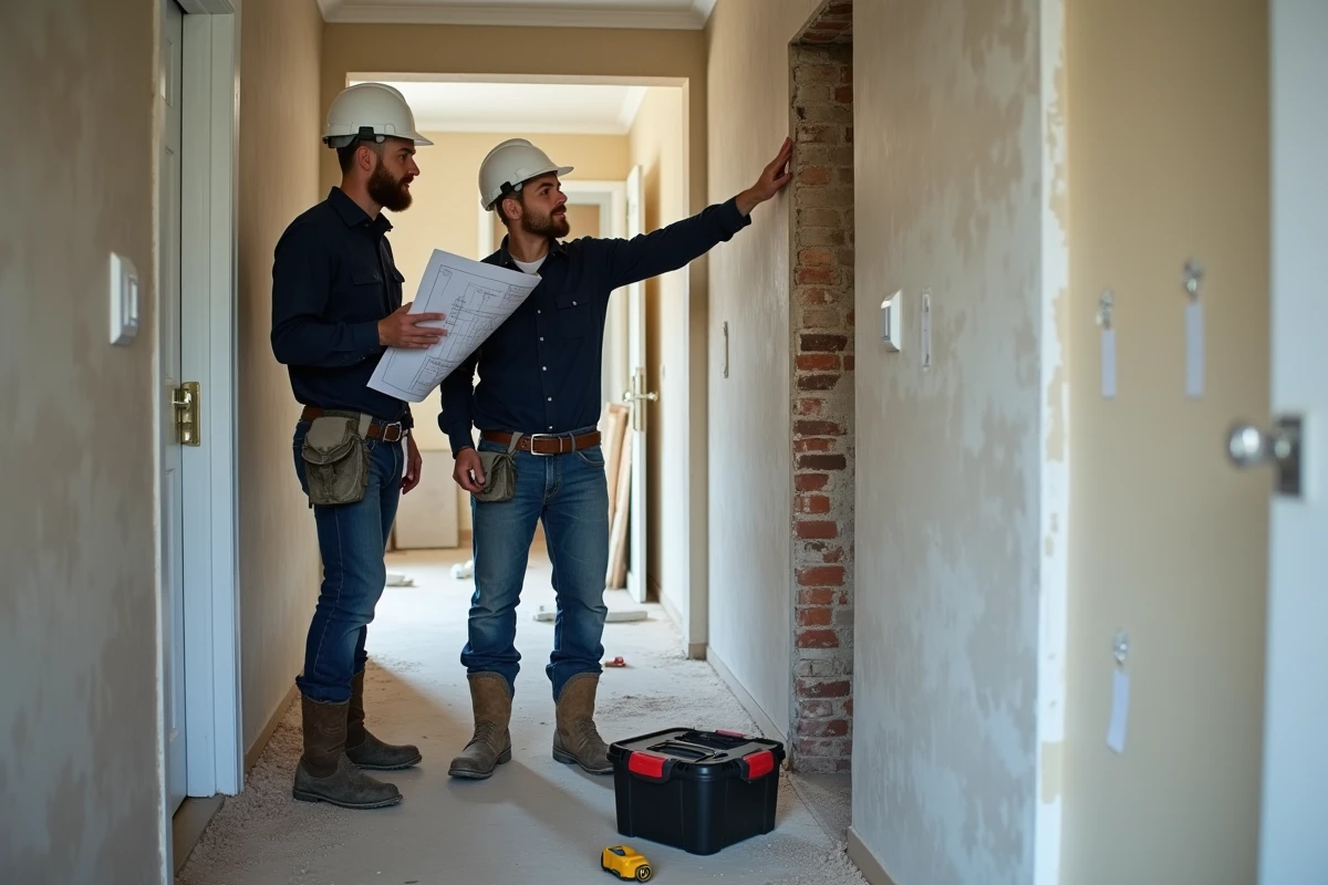 Deux artisans du b&acirc;timent discutant d'un plan de r&eacute;novation dans un couloir en chantier