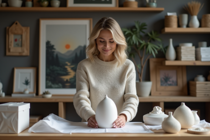 Femme enveloppant une sculpture délicate dans un studio d'art