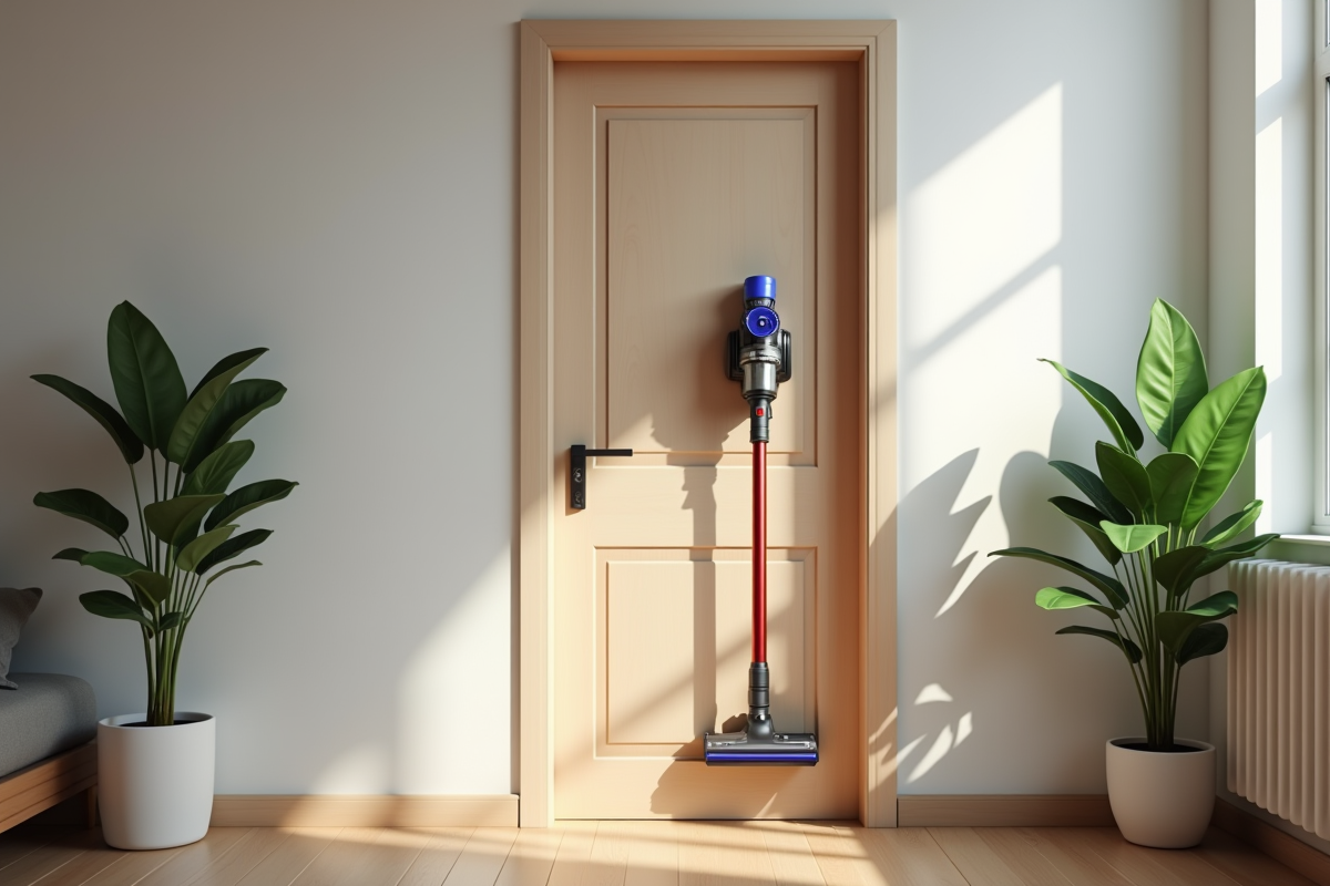 Aspirateur fixé derrière une porte dans un appartement urbain