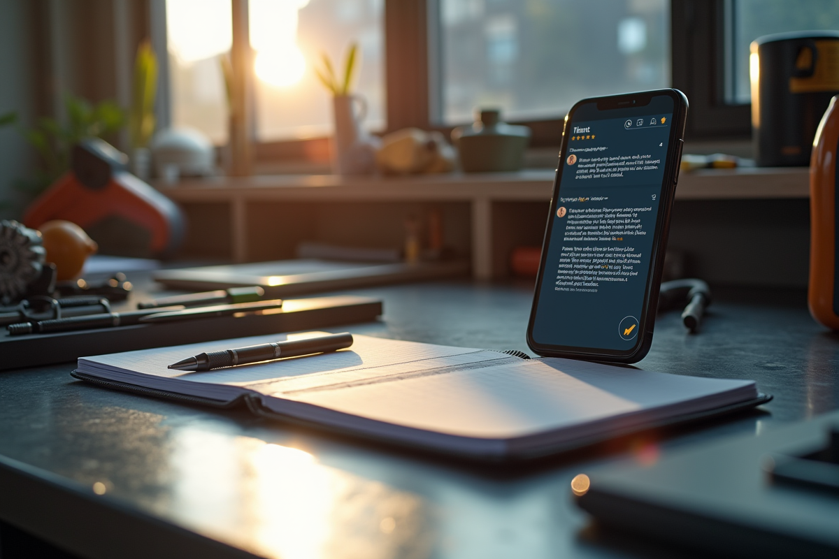 Banc de travail organisé avec outils de qualité et smartphone avec avis clients