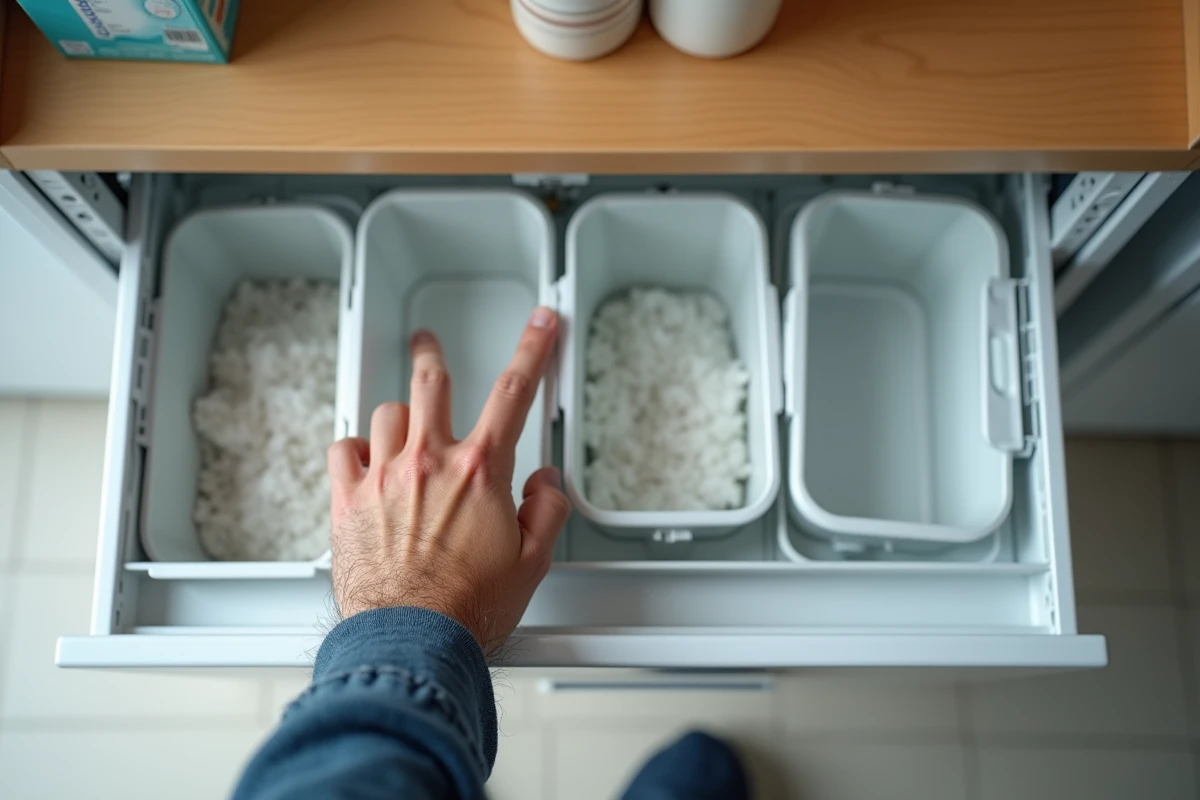 Gros plan sur le tiroir à lessive d'une machine à laver avec compartiments non identifiés