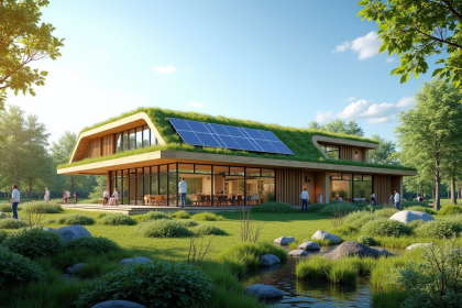 Bâtiment bioclimatique moderne avec toit vert et panneaux solaires