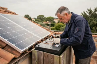 Technicien inspectant une batterie AGM connectée à un panneau solaire de 200W sur un toit résidentiel