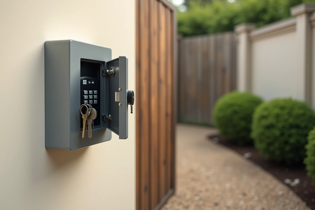 Boîte à clé à code installée sur un mur extérieur avec les clés visibles à l'intérieur du compartiment ouvert
