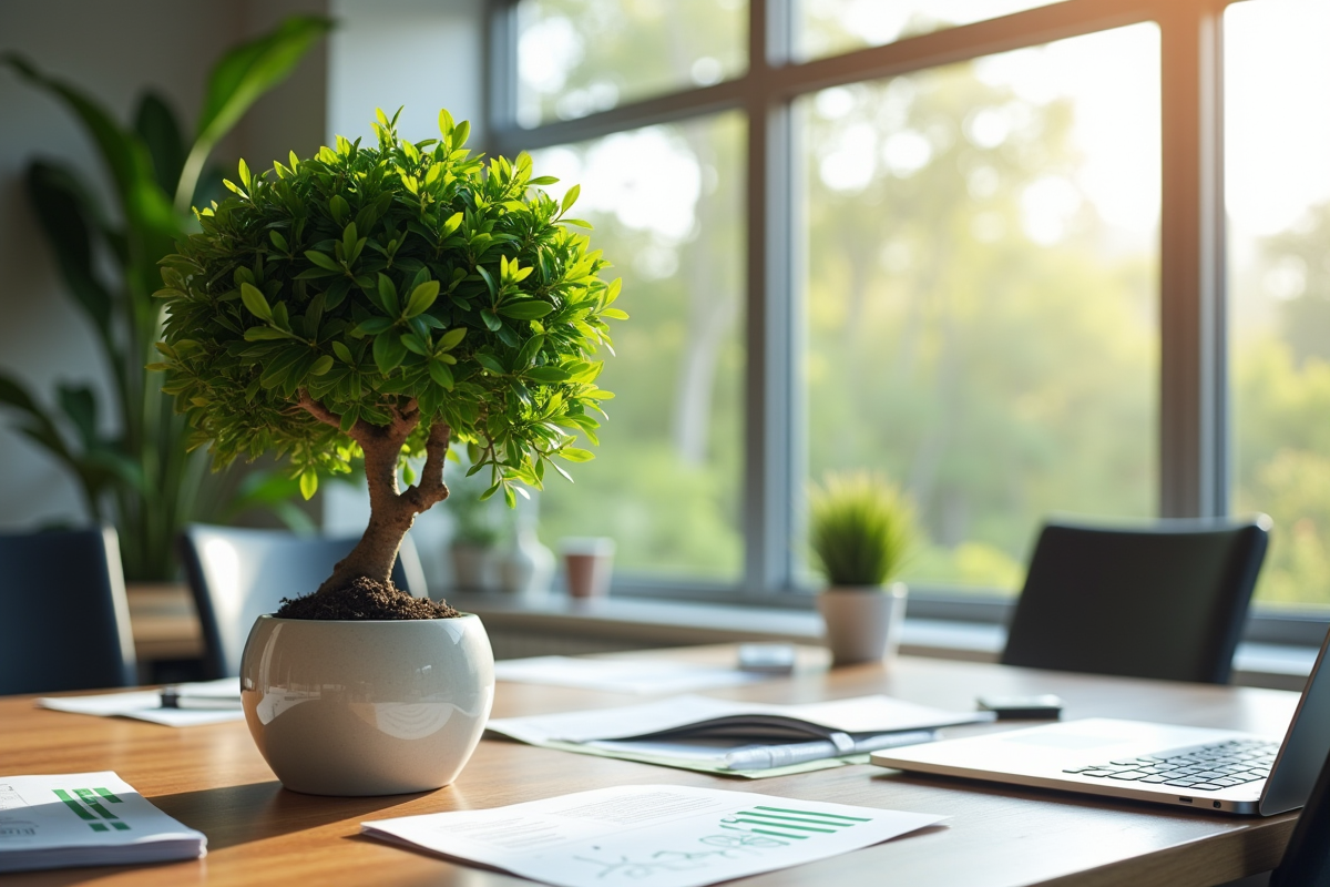 Bureau moderne avec un arbre à argent et documents financiers