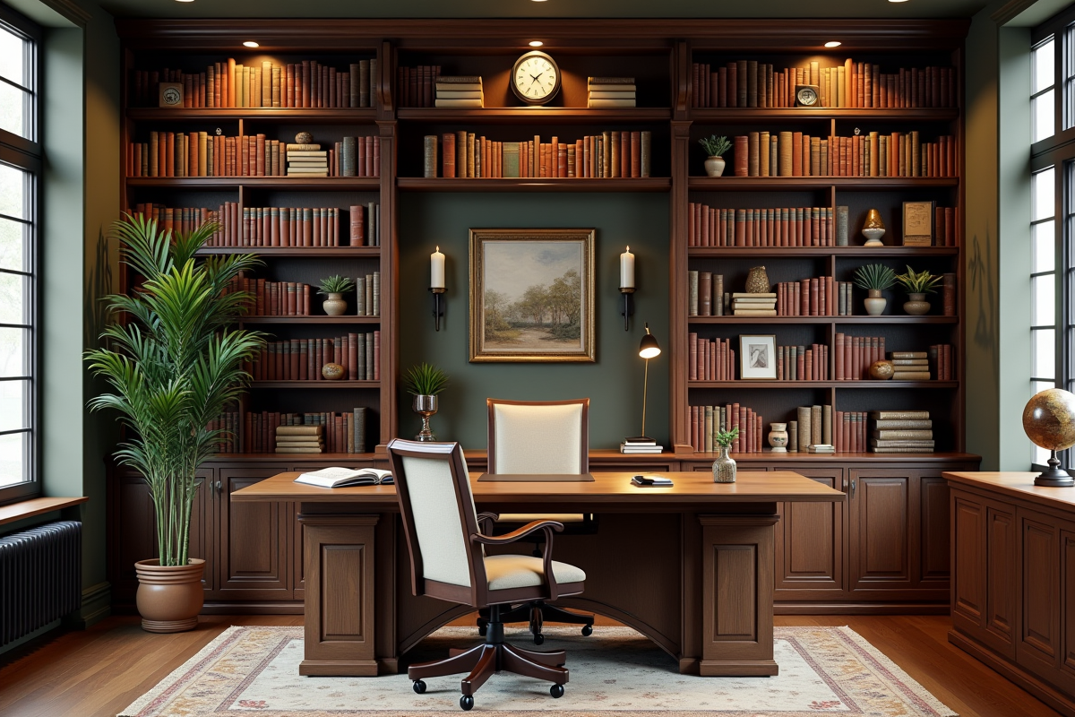 Bureau cosy avec étagère à livres et décoration chaleureuse