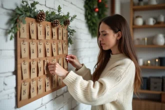 Femme préparant un calendrier de l'avent artisanal en bois avec des petits paquets numérotés en papier kraft dans un salon scandinave chaleureux