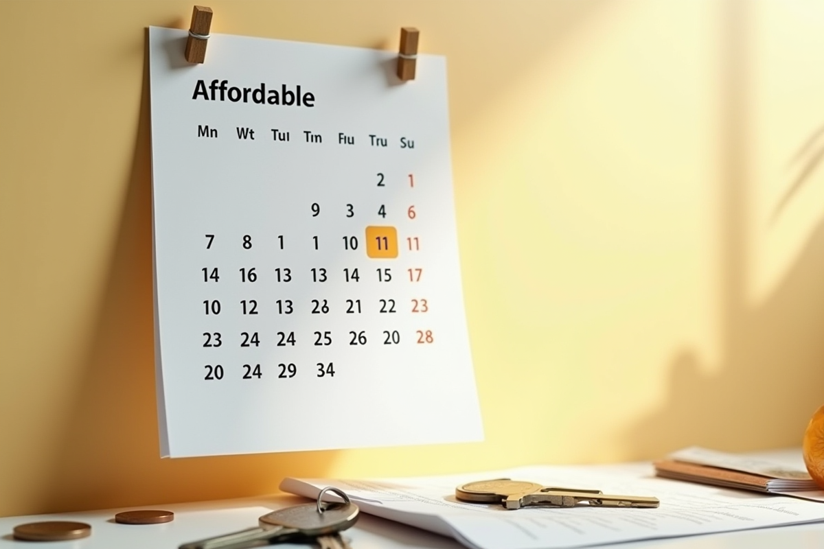 Calendrier avec mois abordable entouré de pièces et clés de maison