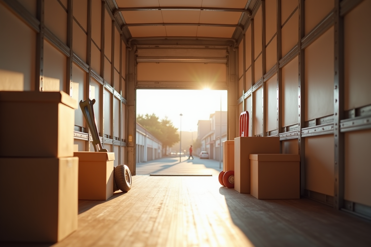 Intérieur camion de déménagement avec cartons empiles