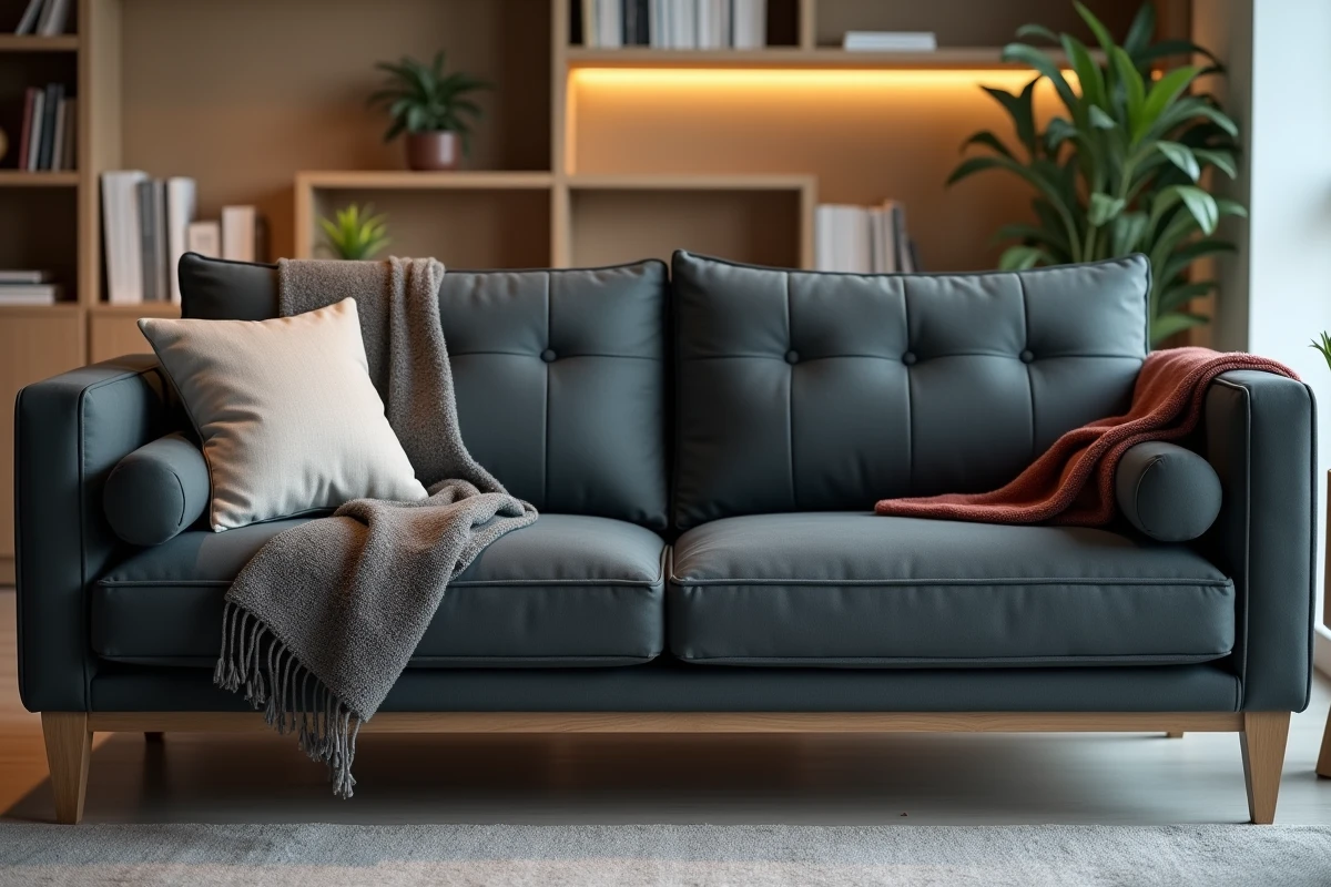 Canapé trois places en tissu anthracite exposé dans un décor de salon reconstitué chez BUT, avec coussin et plante décorative