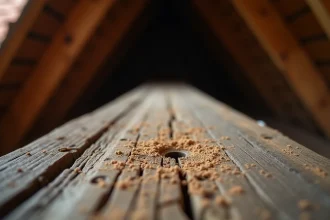 Gros plan sur une poutre en bois de charpente présentant des trous de sortie et des galeries causés par le capricorne des maisons