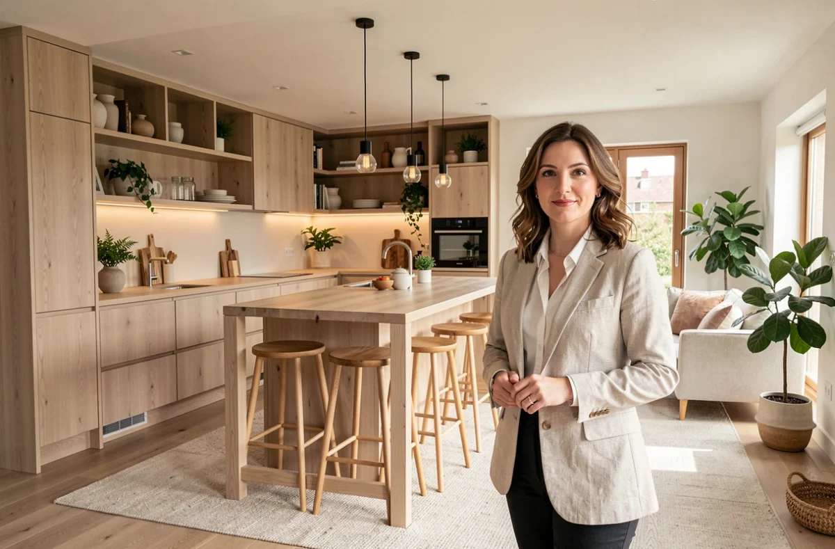 Consultante de Careo présentant un aménagement intérieur cuisine ouverte avec cabinetry en bois frêne clair