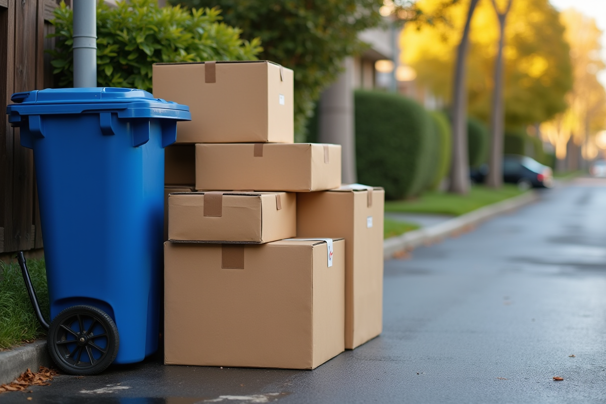 Cartons aplatis alignés près d
