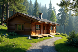 Chalet en bois dans une forêt verdoyante ensoleillée