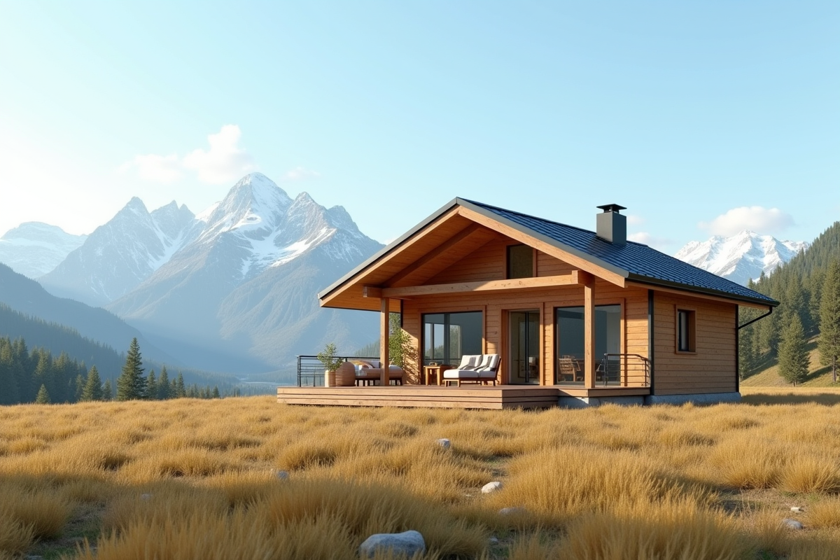 Chalet moderne en bois dans un champ avec vue sur la montagne