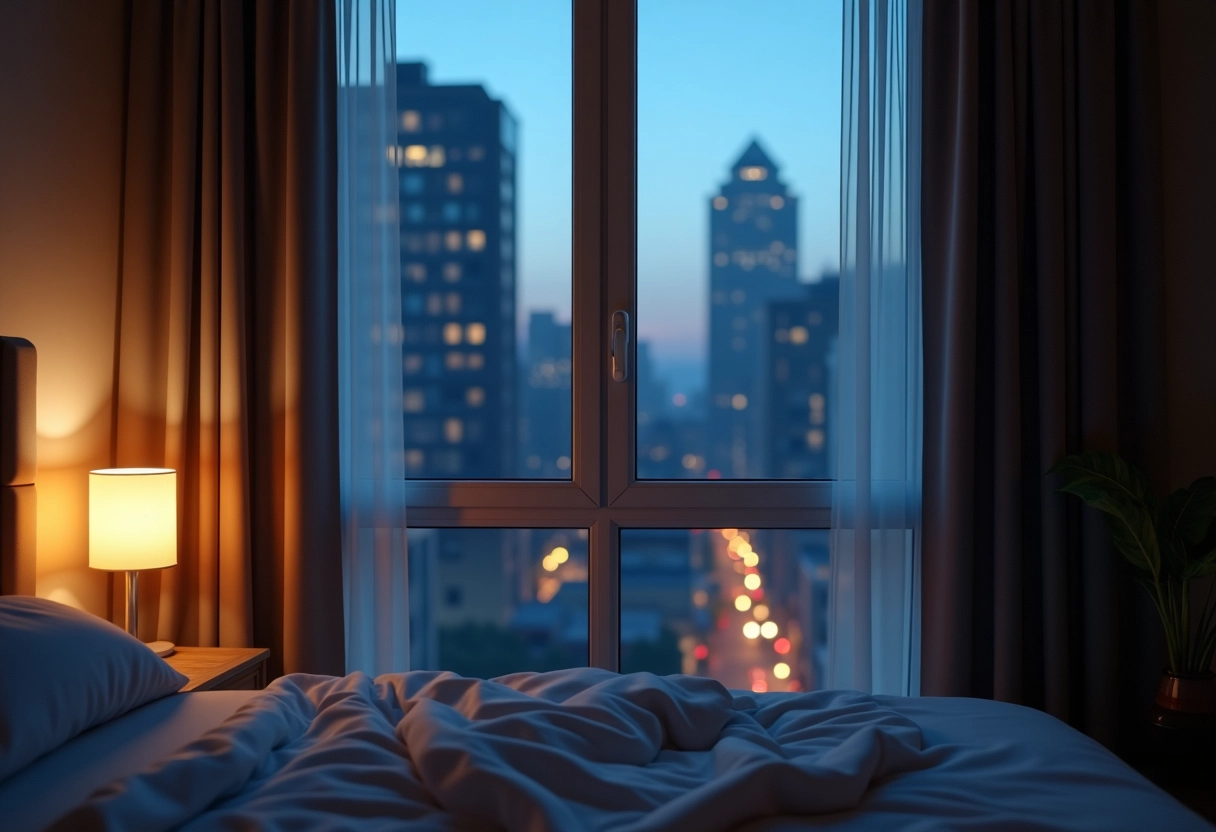 Chambre d appartement en ville avec rideaux occultants