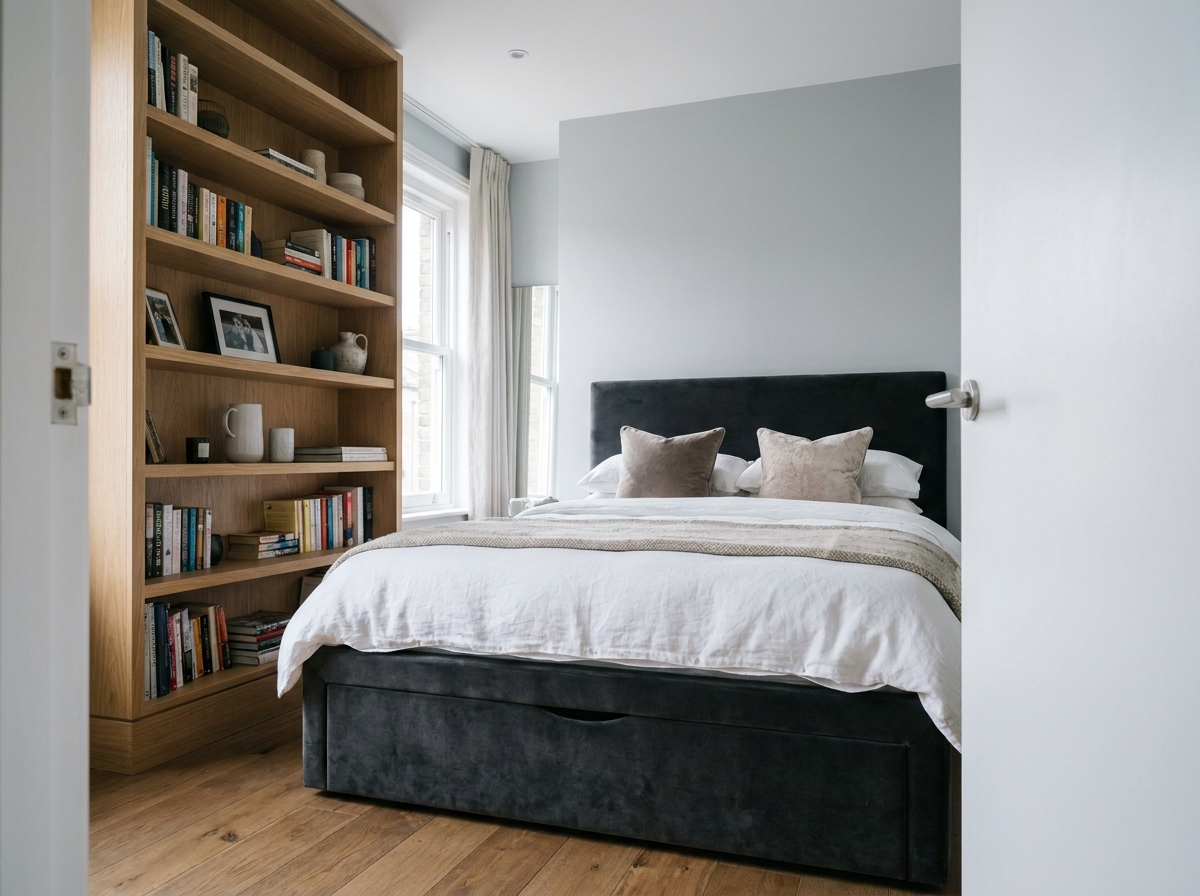 Chambre urbaine compacte optimisée avec un lit coffre en velours sombre et des étagères encastrées