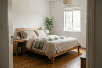 Chambre à coucher aménagée selon les principes du feng shui avec lit en bois positionné harmonieusement et boussole sur la table de chevet