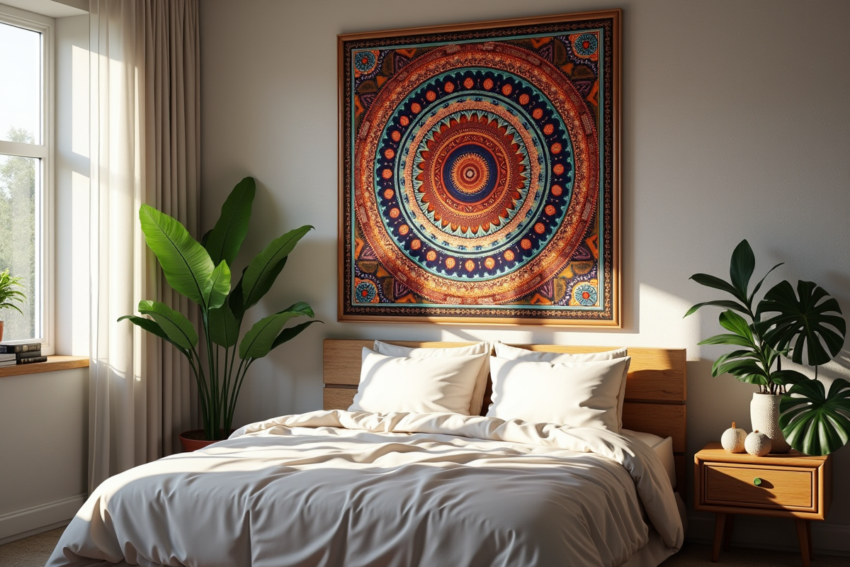 Chambre moderne avec tapis mural mandala coloré et plantes vertes