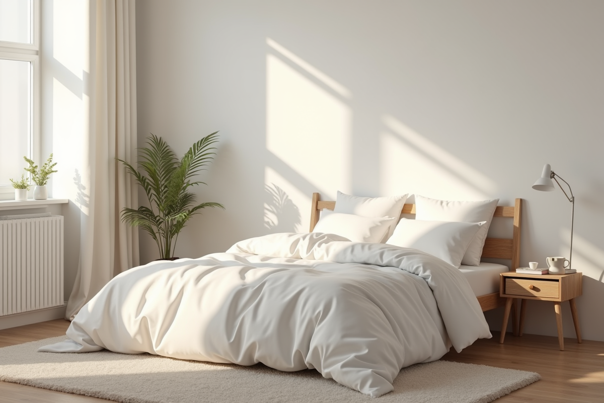 Chambre minimaliste lumineuse avec lit et deco apaisante