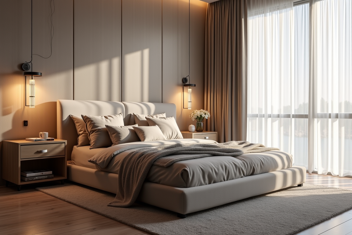 Chambre moderne avec lit en velours et éclairage naturel