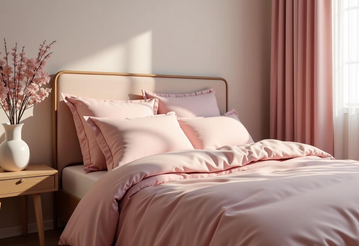 Chambre chaleureuse avec literie rose poudré et décoration élégante