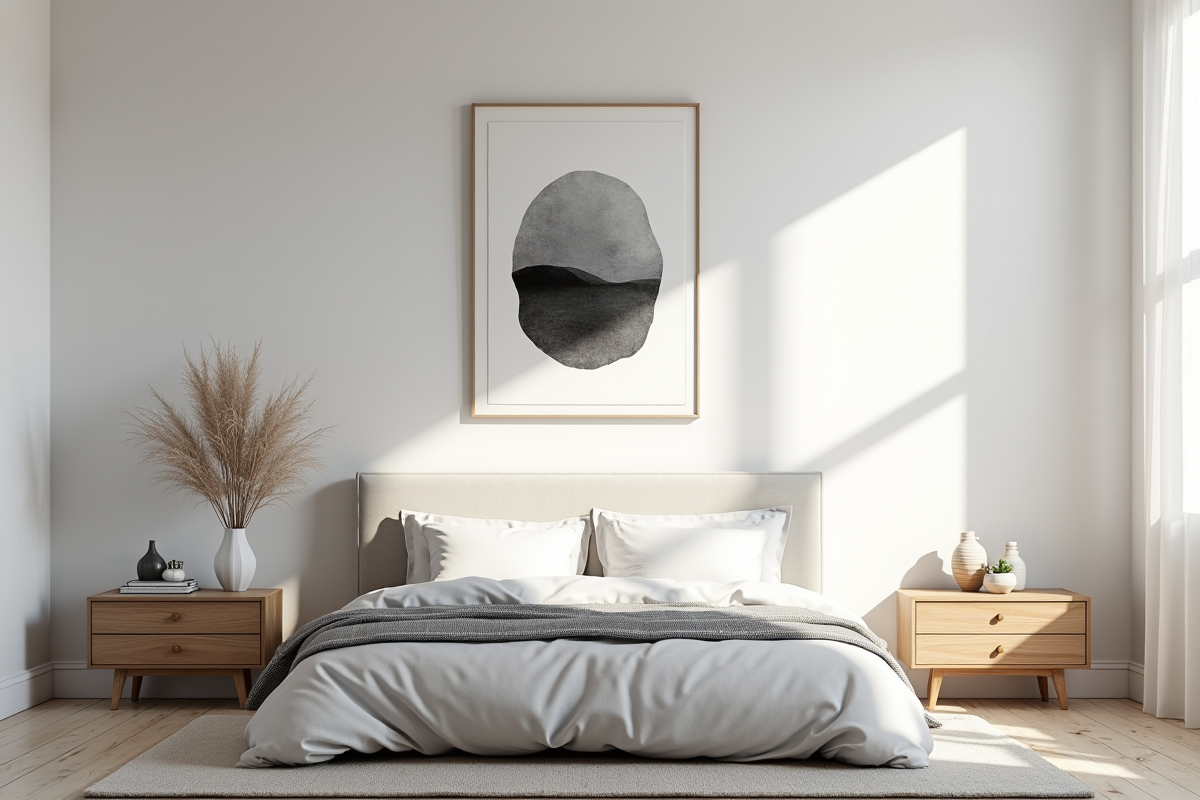Chambre scandinave avec décoration géométrique monochrome et lumière naturelle
