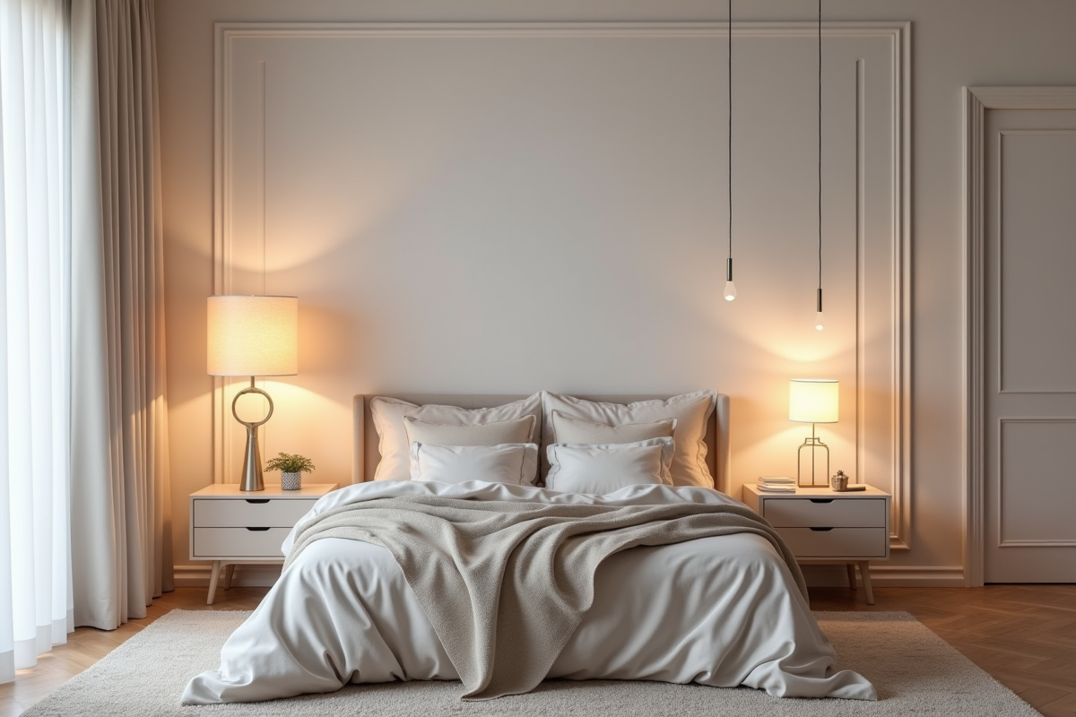 Chambre moderne scandinave avec lampes et linge pastel