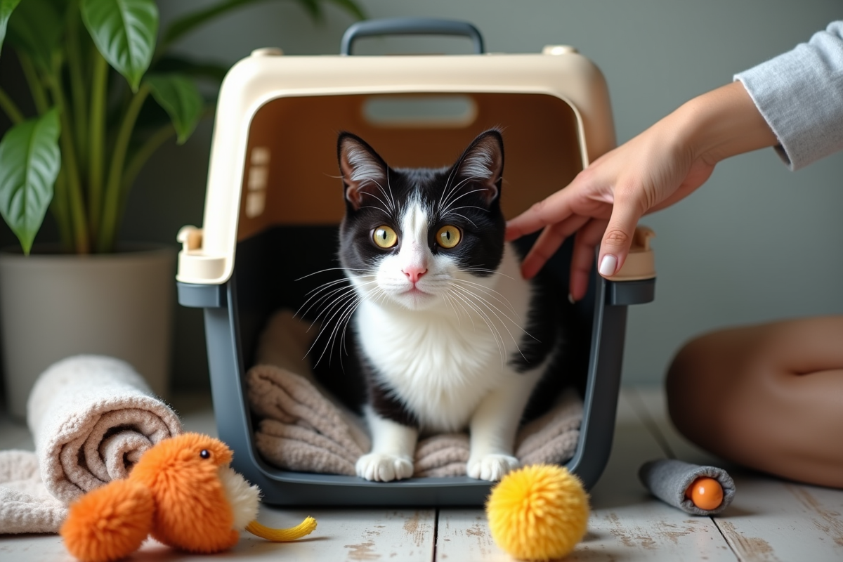 Chat noir blanc dans une cage entouré de jouets et de plantes vertes