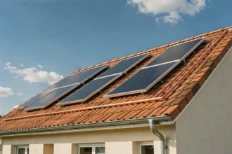 Chauffe-eau solaire Giordano installé sur le toit d'une maison pavillonnaire française avec panneaux thermiques et tuiles en terre cuite